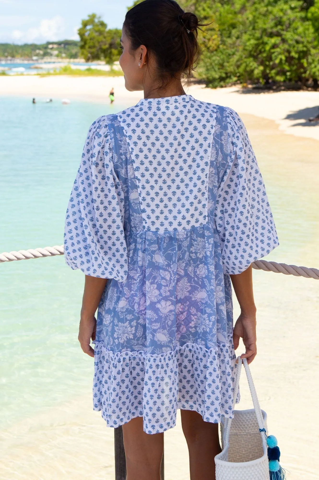 Marina Organic Cotton Print Mix Dress | Blossom Print Blue/White Youthful Vibe