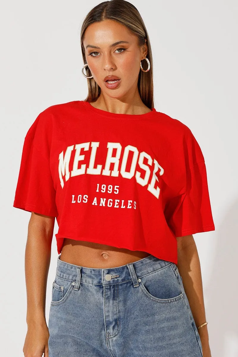 Red Graphic Tee Crop Melrose Slogan t-shirt Street Casual
