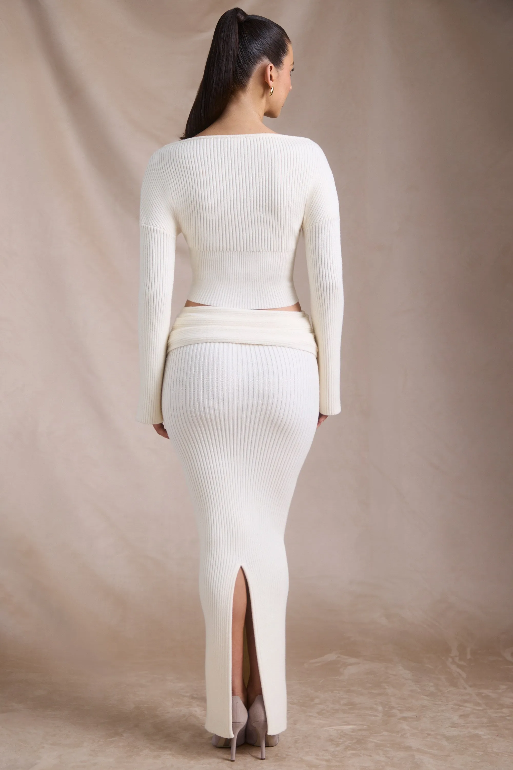 Ribbed-Knit Foldover Maxi Skirt in Ivory Laidback Style Creative Fashion