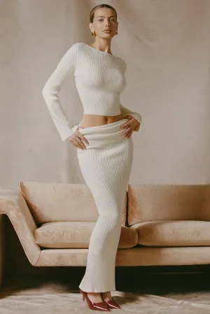 Ribbed-Knit Foldover Maxi Skirt in Ivory Neat Fit