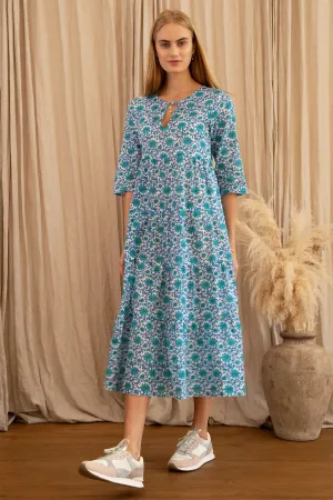 Emma Organic Cotton Dress | Flower Wheel Green/White Blue Hour