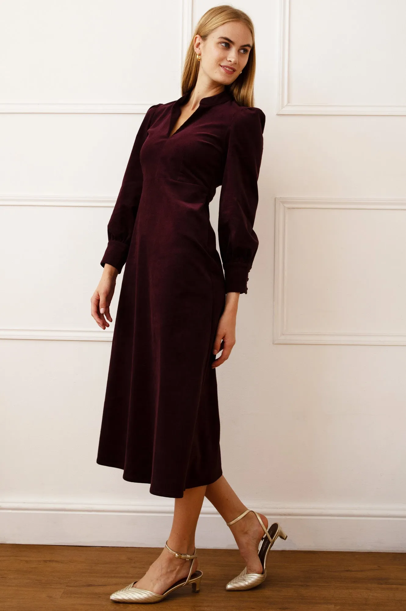 Enid Stretch Corduroy Dress | Burgundy Ball Night Sophisticated mid-calf gown