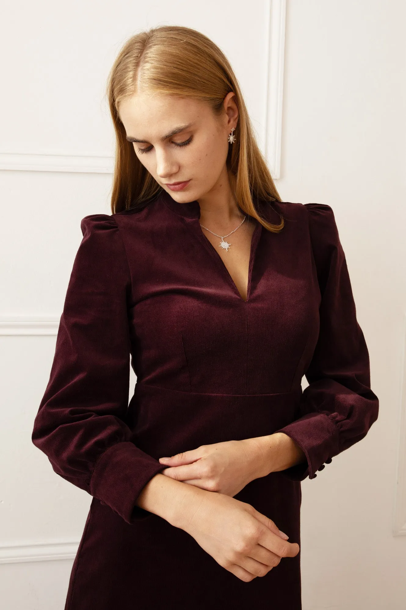 Sophisticated Style Scandi Clean Enid Stretch Corduroy Dress | Burgundy