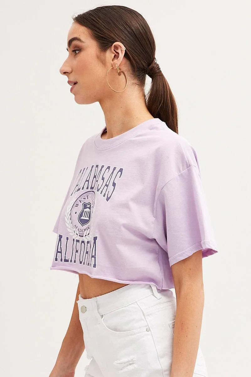Low Profile Collar Purple Graphic T-Shirt Crop Short Sleeve Round Neck