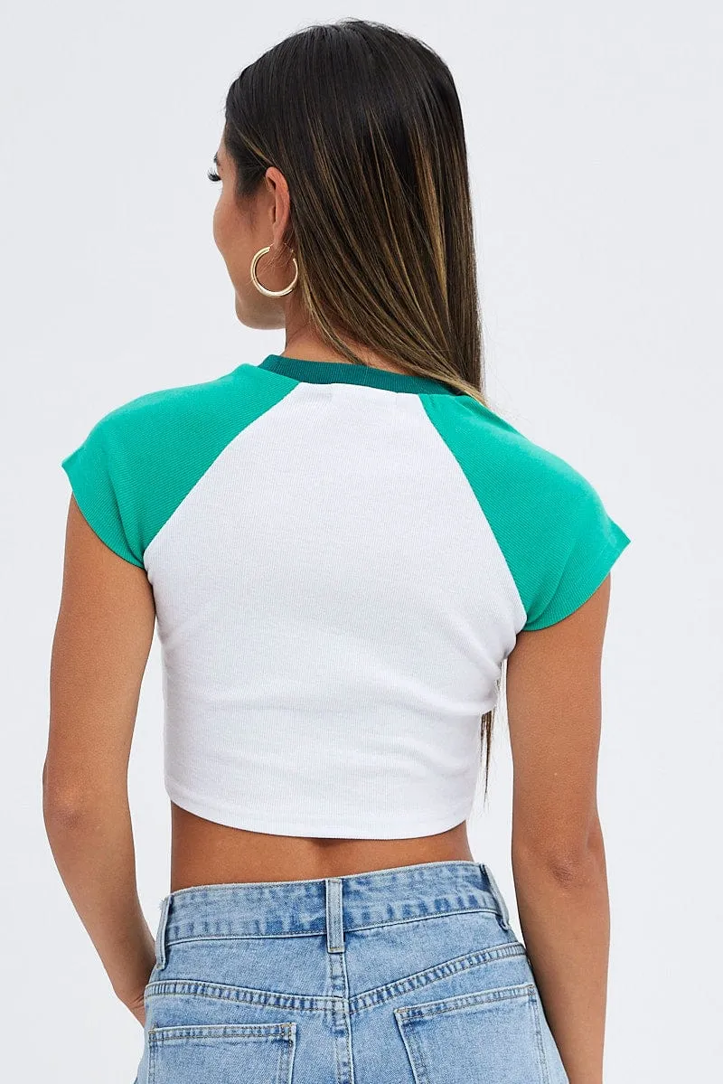 Green Tee Contrast Short Sleeve Round Neck Graphic Sleek Fit Elegant and Relaxed
