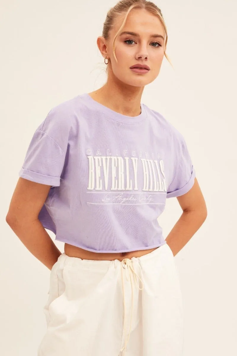 Purple Graphic T-Shirt Short Sleeve Round Neck Crop Soft Touch