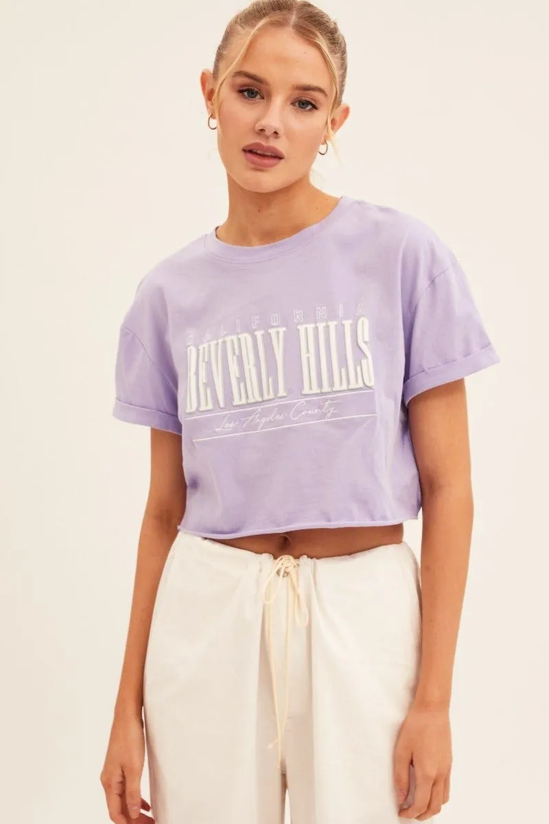 Purple Graphic T-Shirt Short Sleeve Round Neck Crop Street Comfort SkinFriendlyFibers