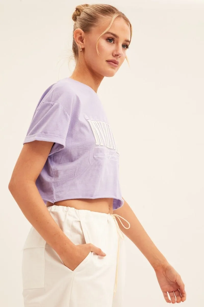 Fashionable Purple Graphic T-Shirt Short Sleeve Round Neck Crop