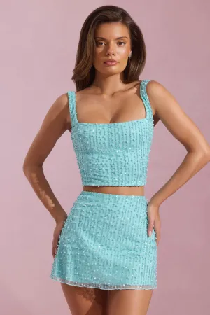 Embellished Low-Rise Mini Skirt in Aqua Blue Seamless Edging Urban Mood