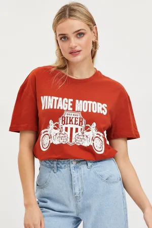 Midweight Knit Brown Graphic T-Shirt Short Sleeve