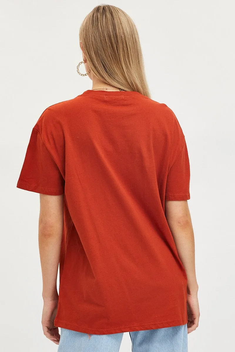 Brown Graphic T-Shirt Short Sleeve Drop Shoulder Cut Smart Layering
