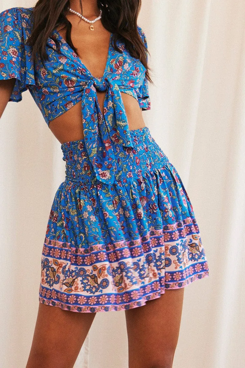Sleek Vibe Senior Style Blue Boho Flare Skirt High Rise