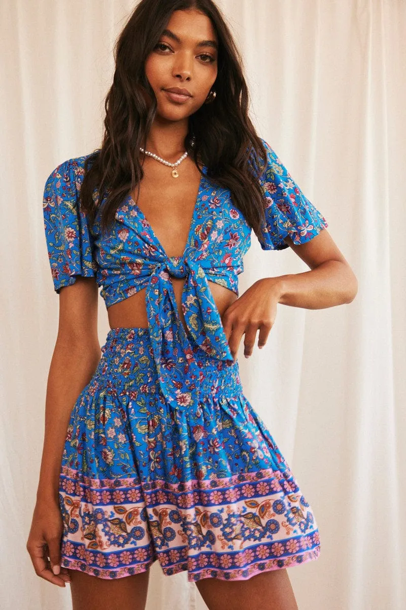 Blue Boho Flare Skirt High Rise Lightweight Daily Mood