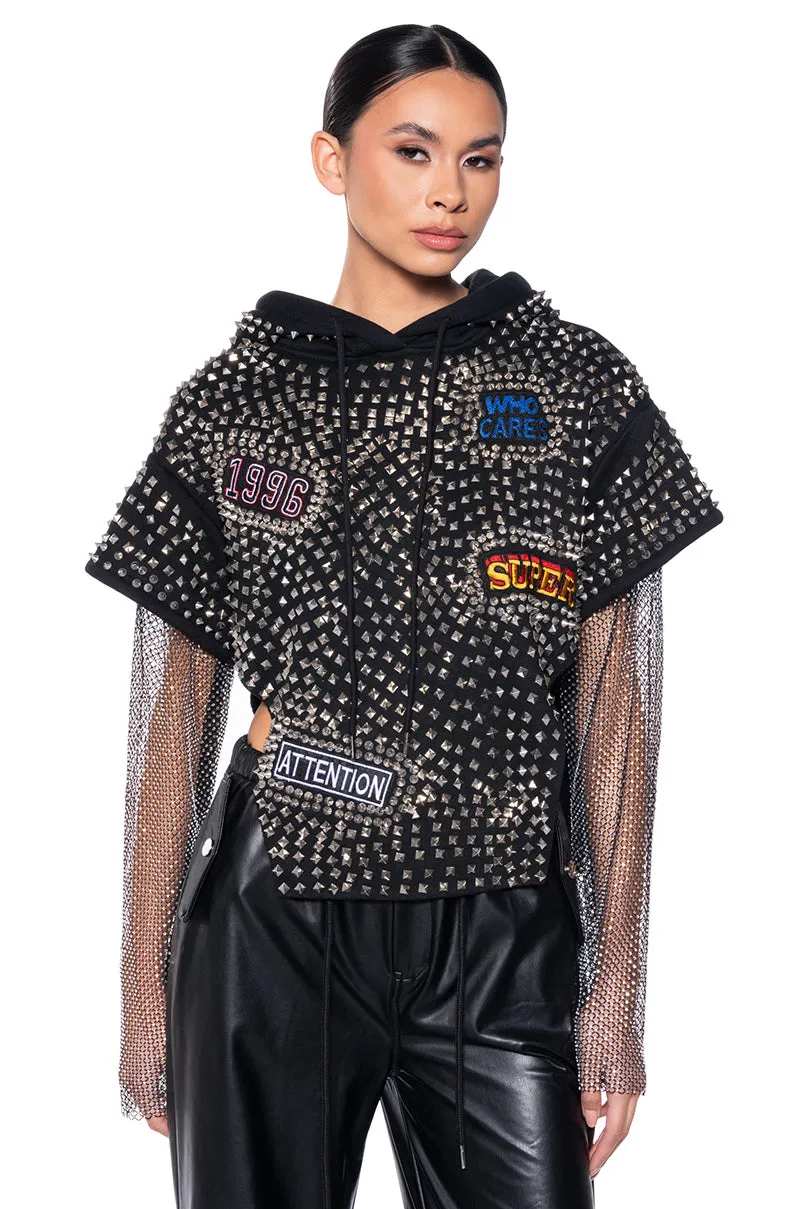 Street Bold QUEEN OF HEARTBREAK STUDDED RHINESTONE SLEEVE SWEATSHIRT