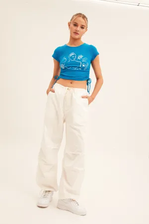 Slim Silhouette Cozy Vibe Blue Crop Top Short Sleeve Crew Neck Ruched Rib