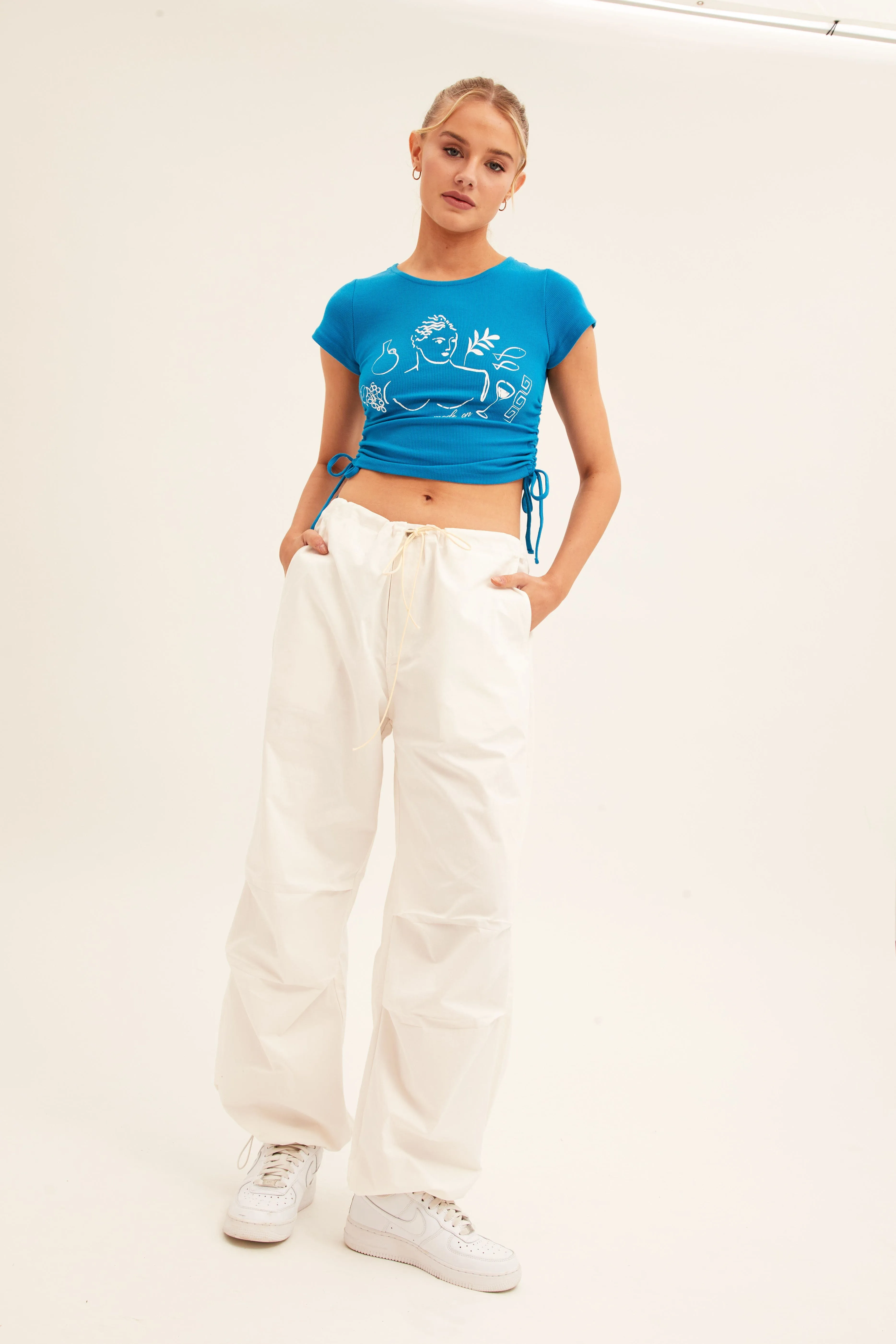 Slim Silhouette Cozy Vibe Blue Crop Top Short Sleeve Crew Neck Ruched Rib