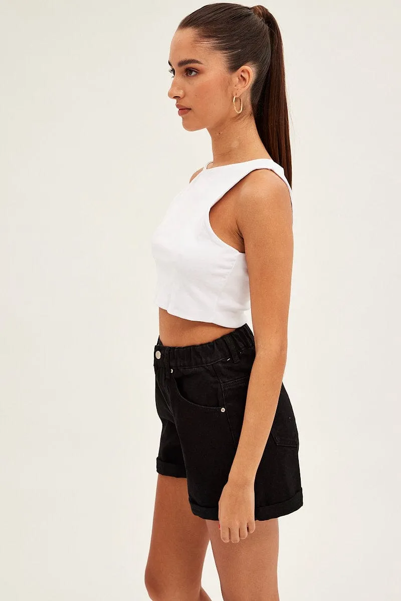 Black Relaxed Denim Shorts High Rise Tagless Design