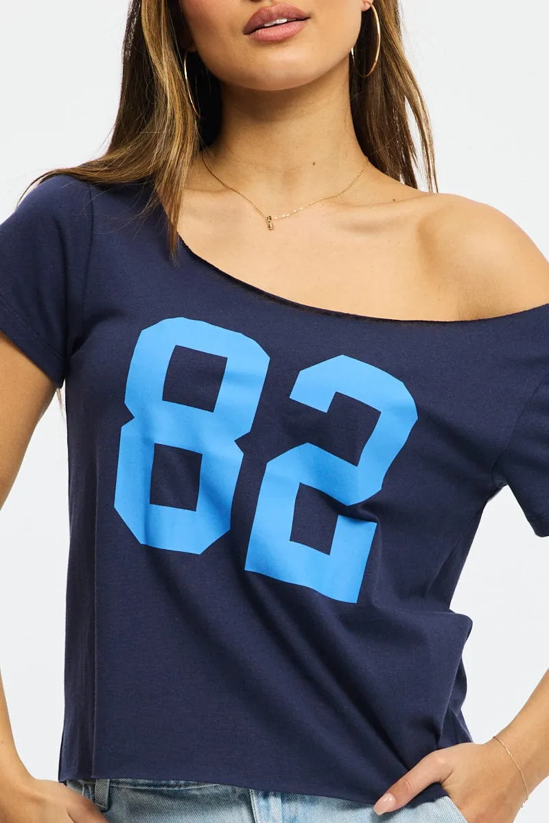 DoubleStitchedEdges Versatile Dress Blue Graphic Tee Off Shoulder