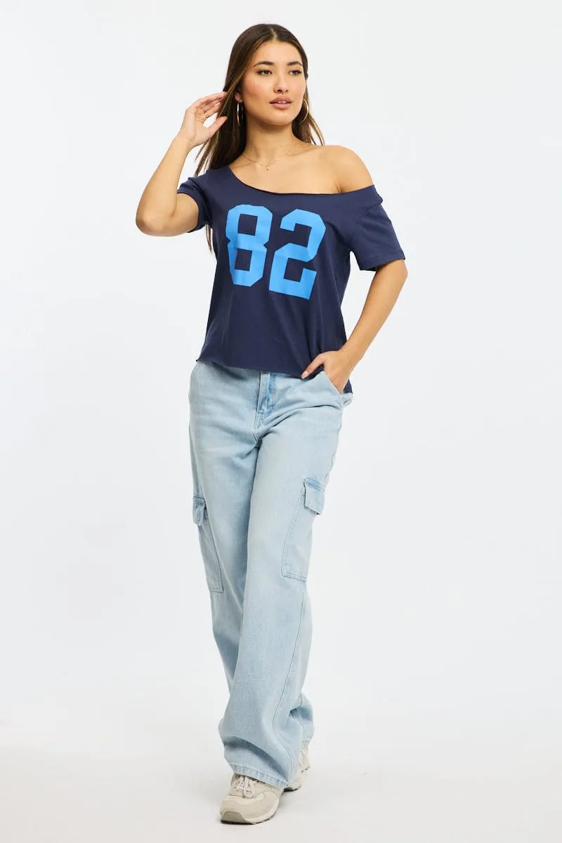 Blue Graphic Tee Off Shoulder BreathableMesh