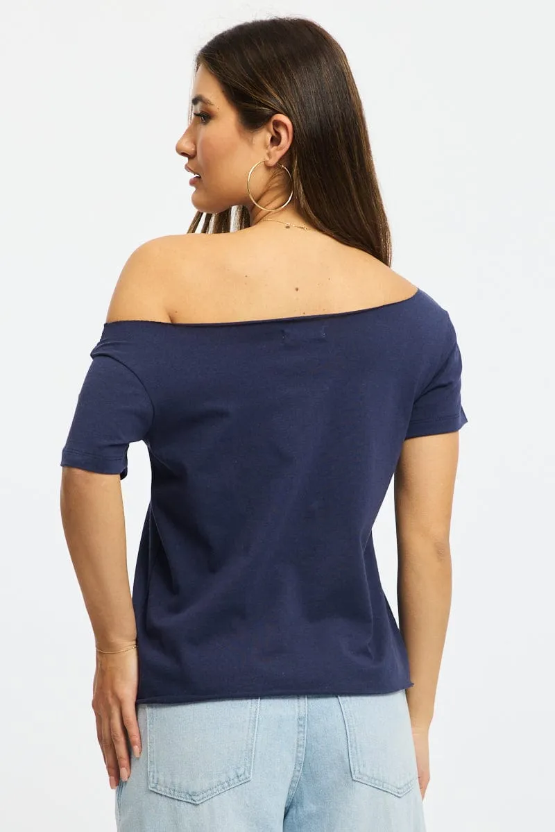 Blue Graphic Tee Off Shoulder Reinforced Knees