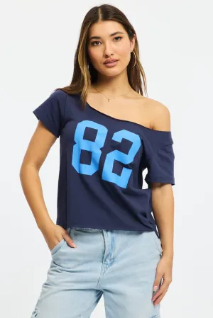 River Flow LightweightKnit Blue Graphic Tee Off Shoulder
