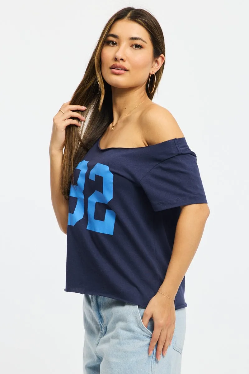 Warm Knit Blue Graphic Tee Off Shoulder
