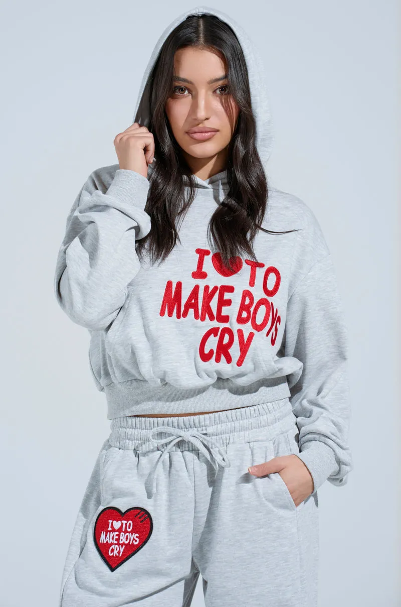 I LOVE TO MAKE BOYS CRY HOODED SWEATSHIRT buckle accents