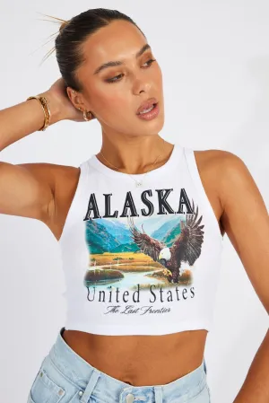 Layered Hem Detail Street Casual Look White Graphic Tank Top Eagle Alaska Crop Top