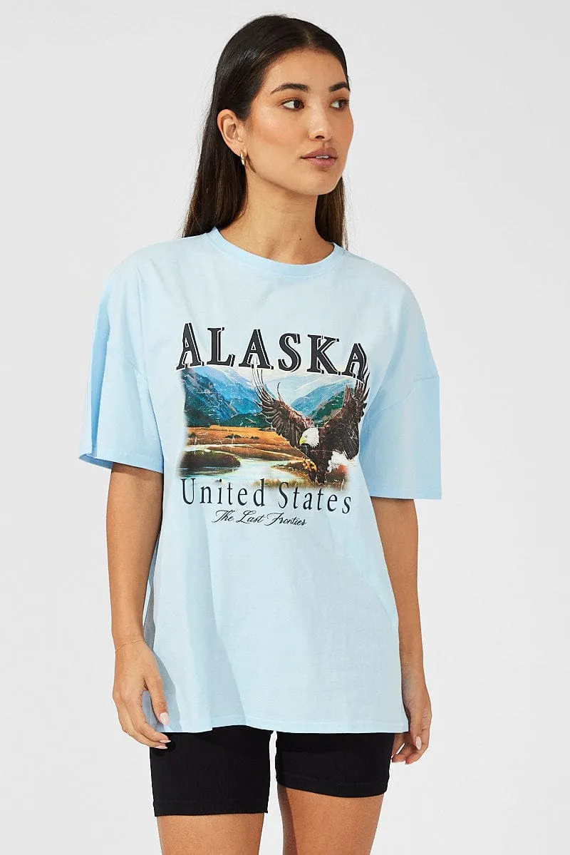 Blue Eagle Graphic Oversized T-shirt Short Sleeve Tee Seam Free Edging WrinkleFreeFabric