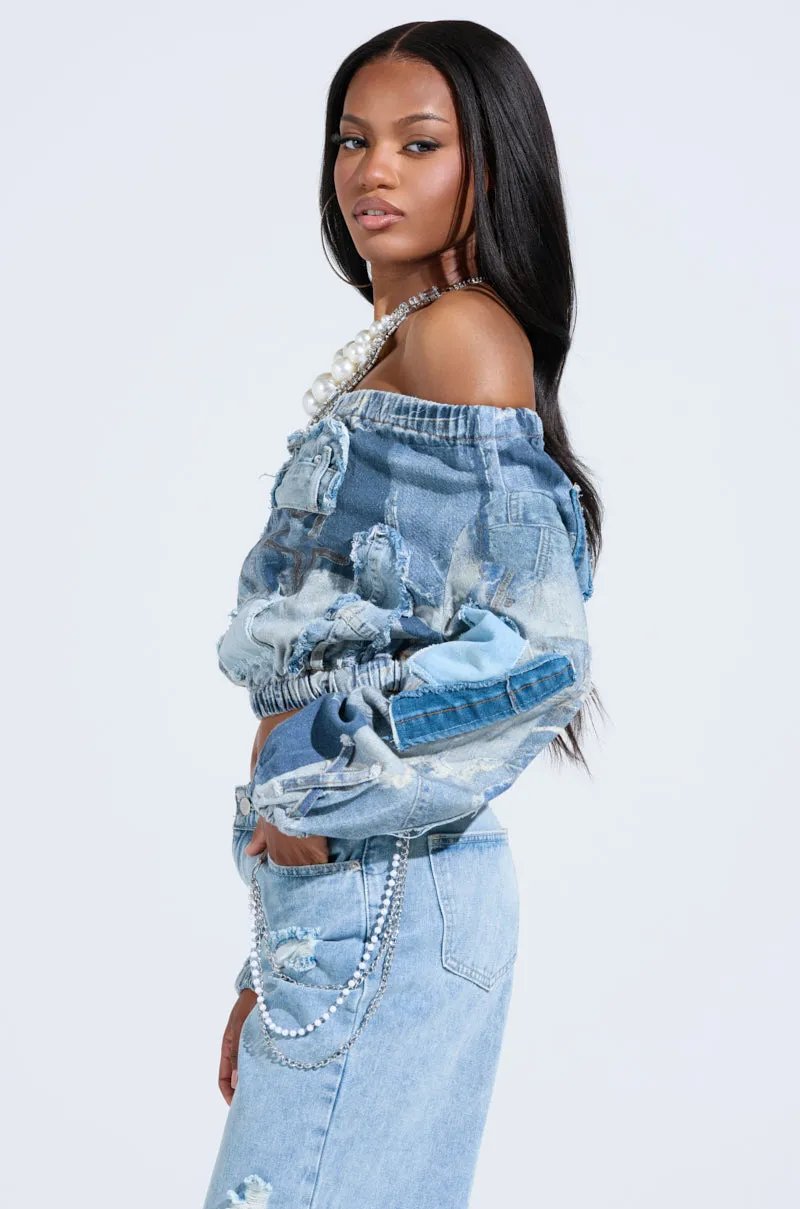 Timeless Sporty Party Ready LEILA DENIM PATCHWORK SWEATSHIRT
