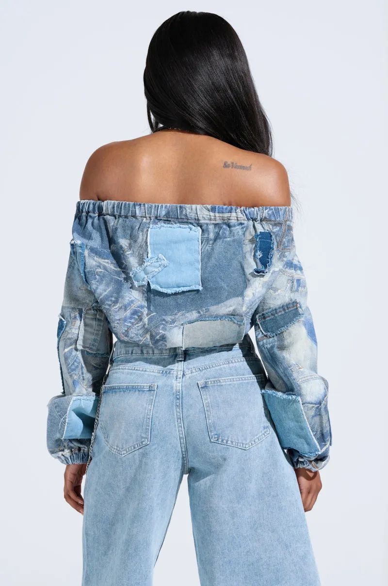 LEILA DENIM PATCHWORK SWEATSHIRT Cozy Apparel pearl accents