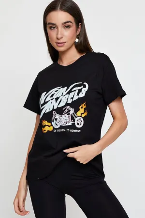 City Fashion Look Black Graphic T-Shirt Short Sleeve