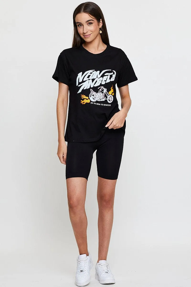 Black Graphic T-Shirt Short Sleeve Weekend Comfort