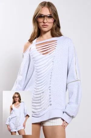 DISTRESSED OFF THE SHOULDER RHINESTONE EMBELLISHED SWEATSHIRT ideal for birthdays Warm Hues