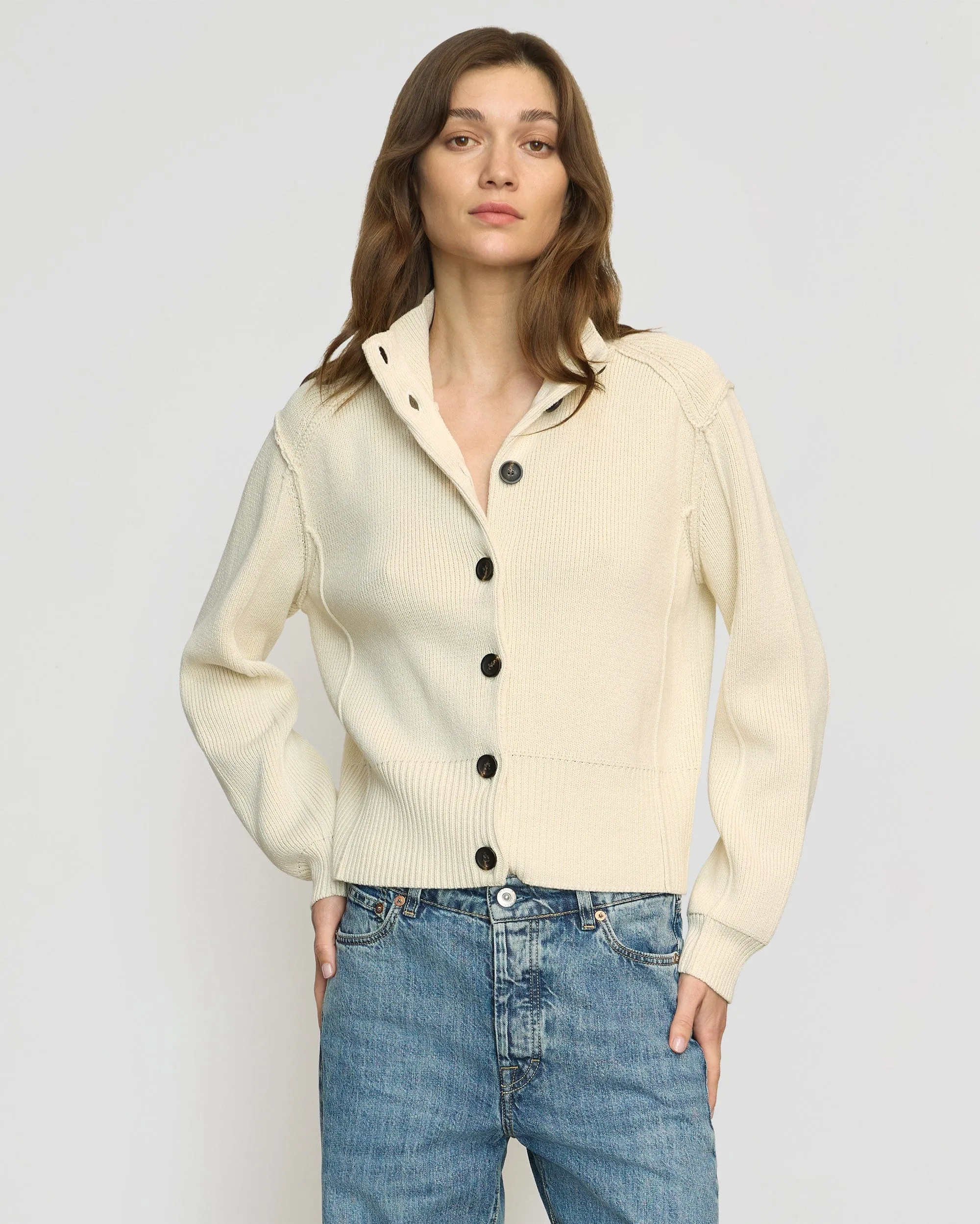 Essential Knitwear Comfy Material Clove Button Mock-Neck Knit Cardigan
