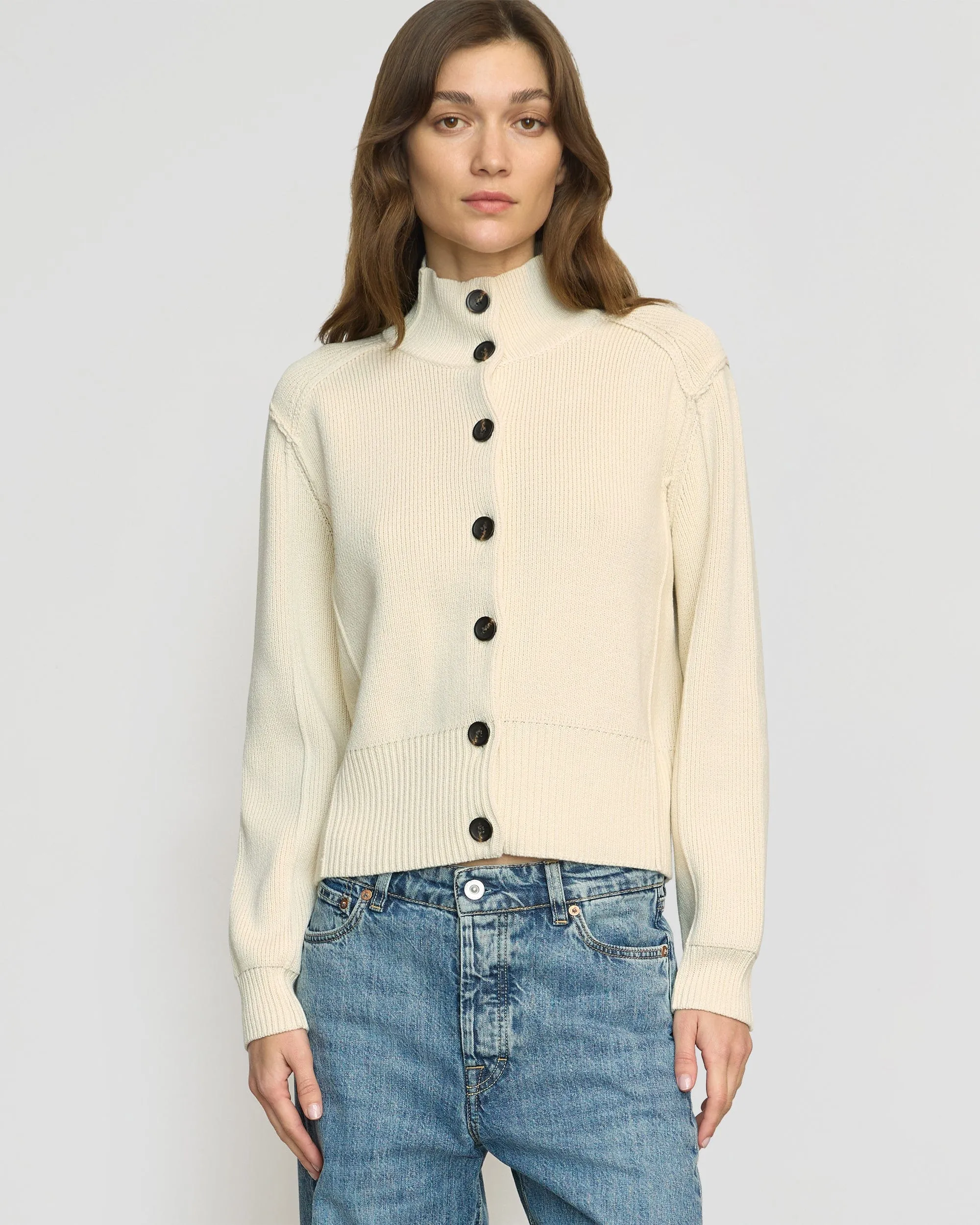 Snug Layers Clove Button Mock-Neck Knit Cardigan