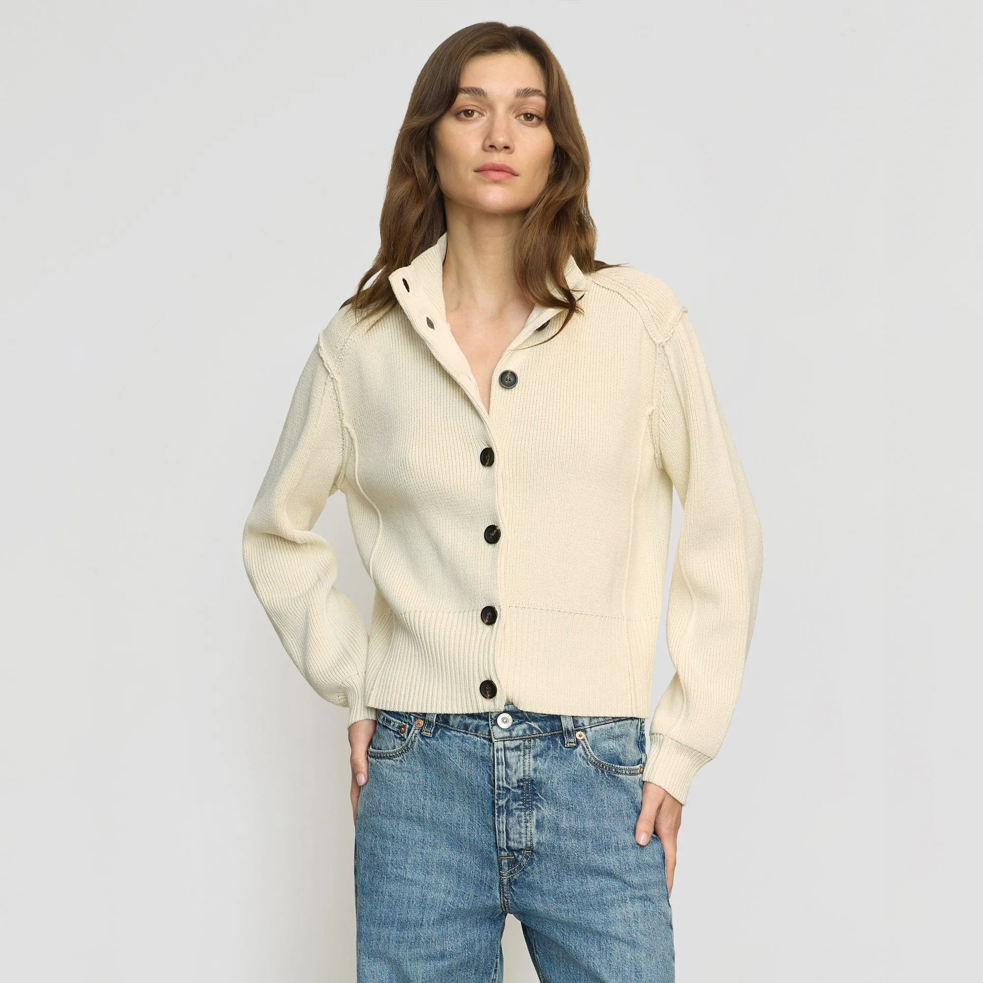 Clove Button Mock-Neck Knit Cardigan Soft And Comfortable Fade Resistant Dye