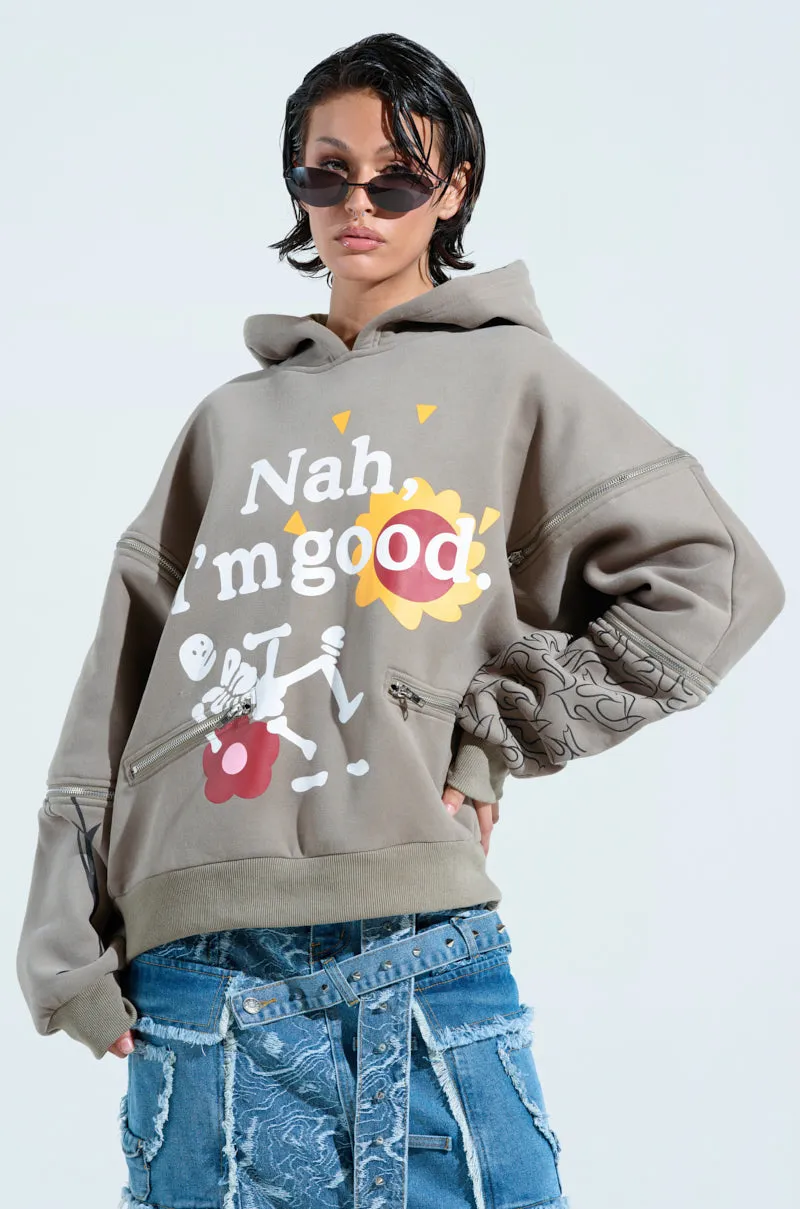 Pockets Relaxed Fit GRATEFUL OVERSIZED ZIPPER SLEEVE HOODIE