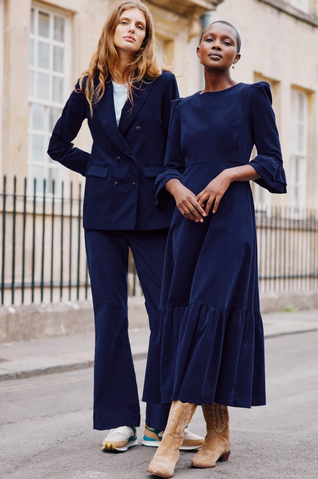 Victoria Round Neck 3/4 Sleeve Stretch Corduroy Dress | Atlantic Blue Relaxed Comfort
