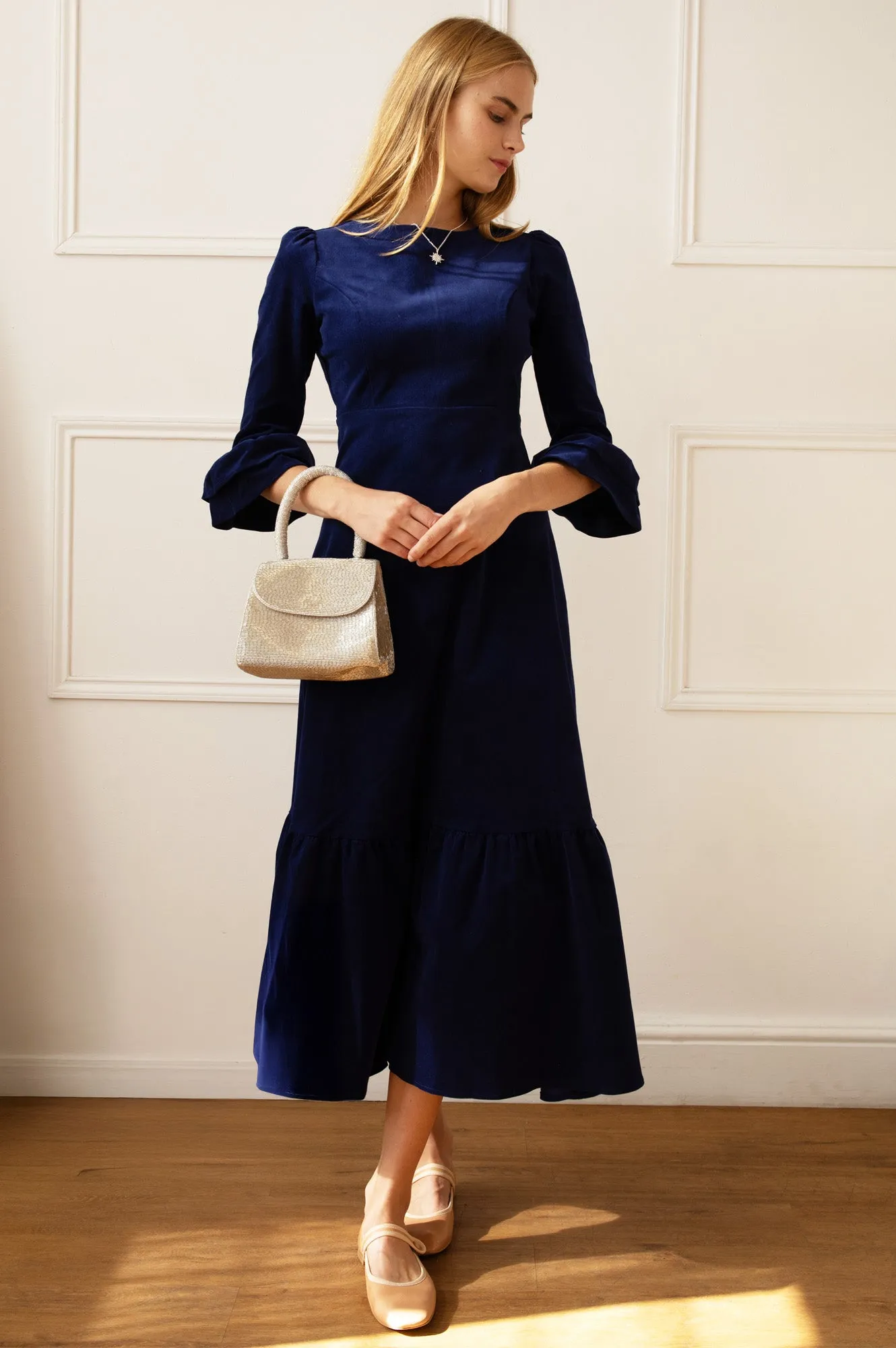 Victoria Round Neck 3/4 Sleeve Stretch Corduroy Dress | Atlantic Blue Feminine Elegance