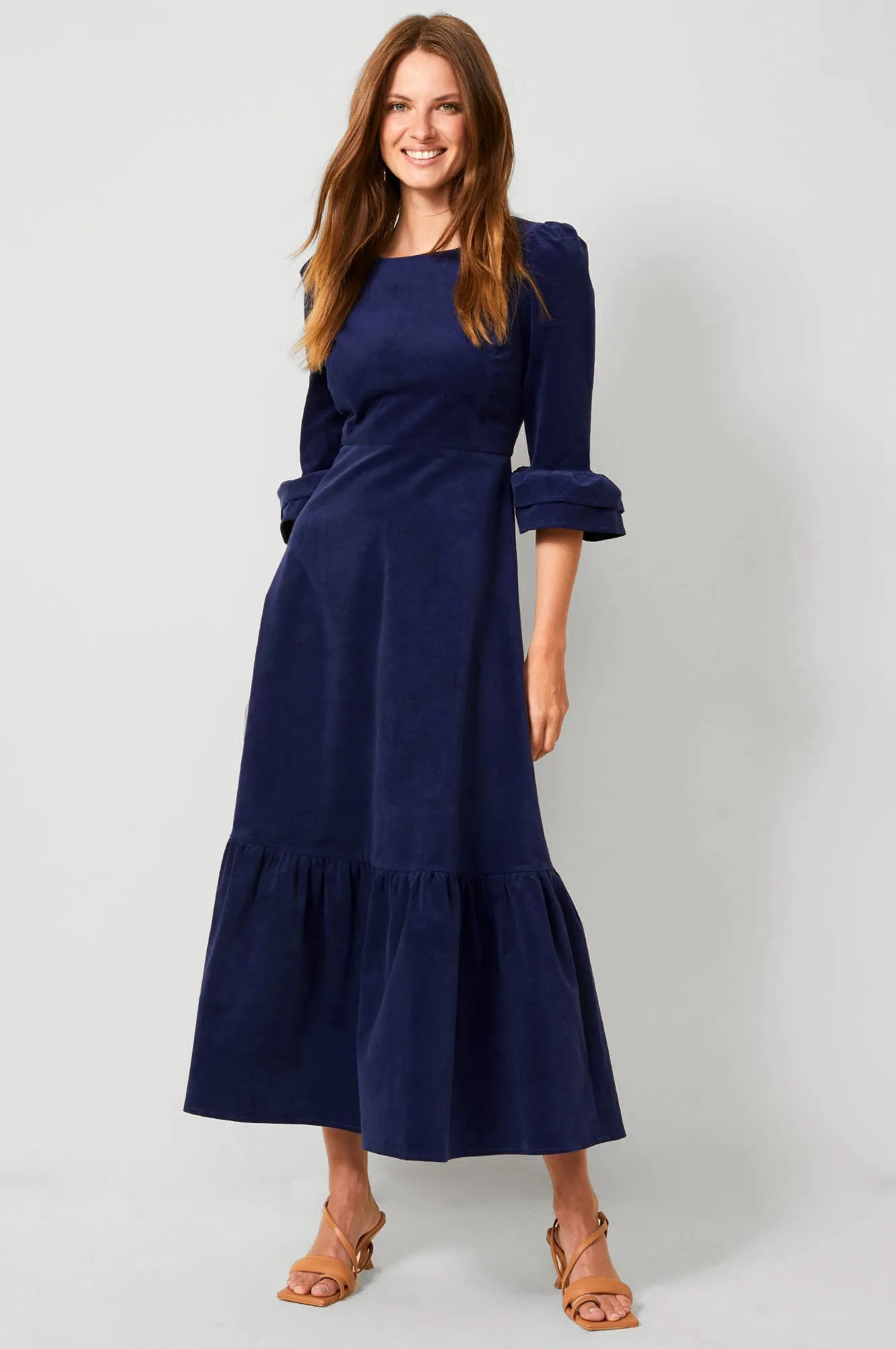 Victoria Round Neck 3/4 Sleeve Stretch Corduroy Dress | Atlantic Blue Lasting Joy Sophisticated Look