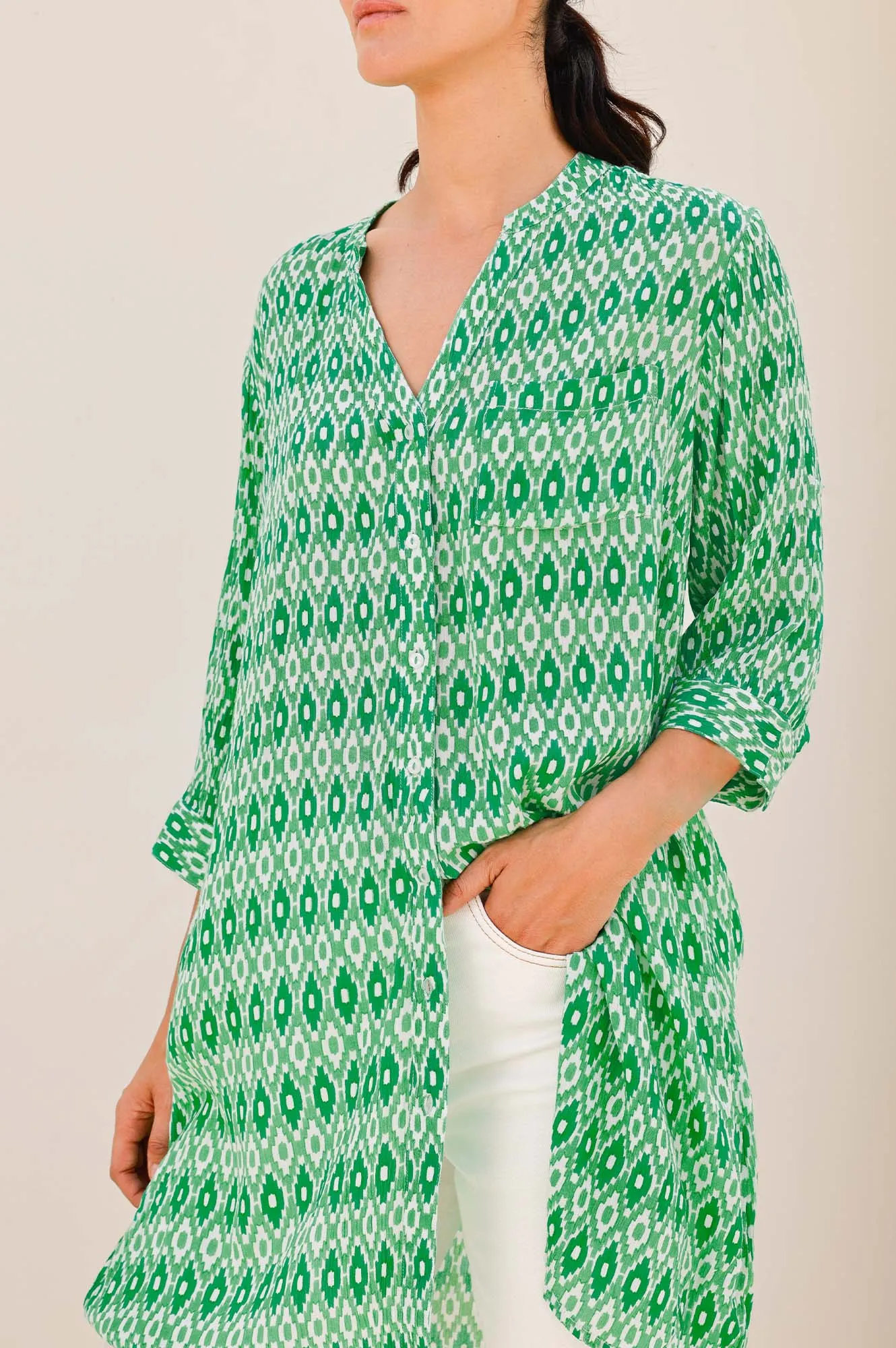 Mila Shirt Tunic | Aztec Green/White City Look