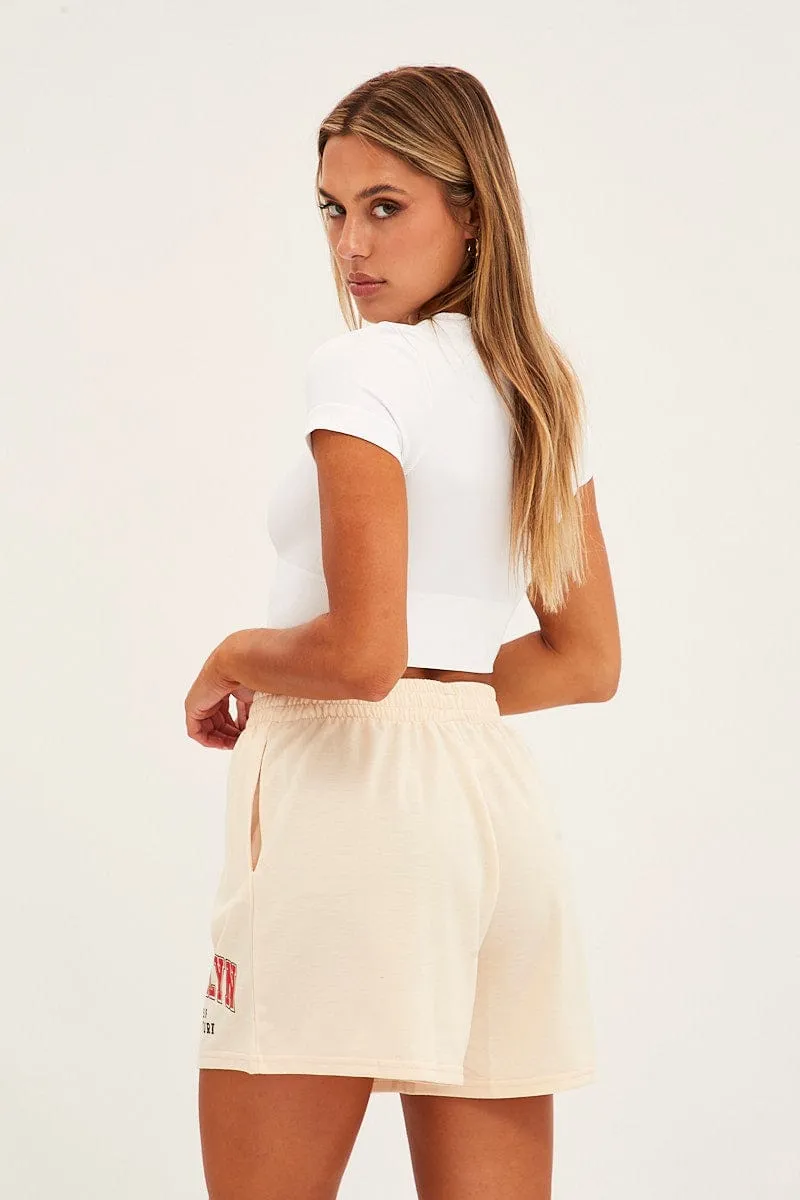 Easy Breezy Fun Design Beige Elastic Waist Biker Track Shorts