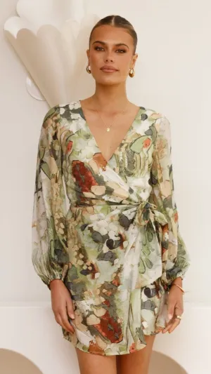Casual Glam Jemma Long Sleeve Mini Dress - Green Abstract