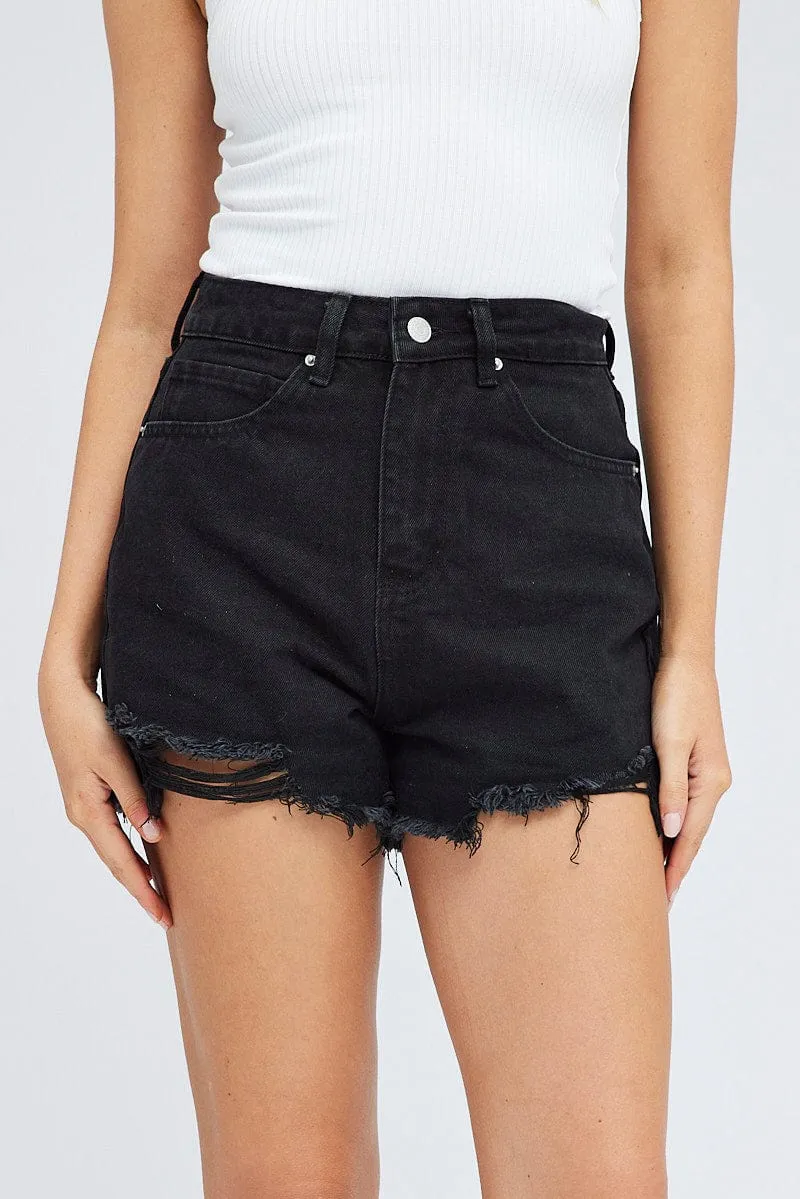 Black Ripped Denim Shorts Urban Style