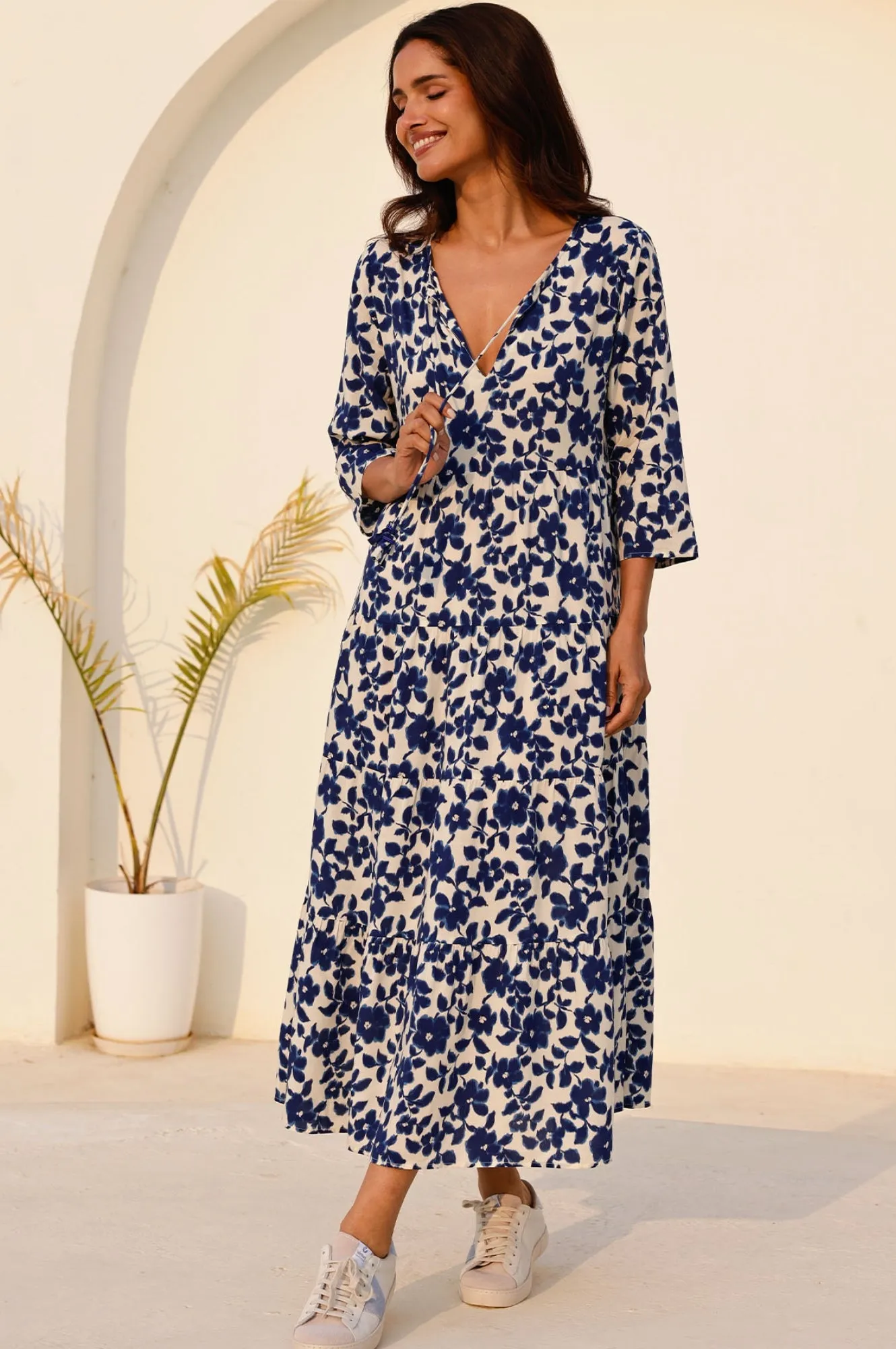 Emma EcoVero? Midi Dress | Blossom Cream/Navy Perfect holiday dress