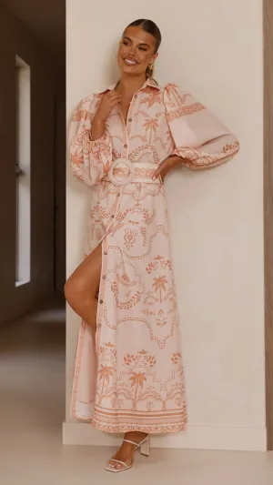 Boardwalk Mood Shell Glow Xander Long Sleeve Maxi Dress - Natural