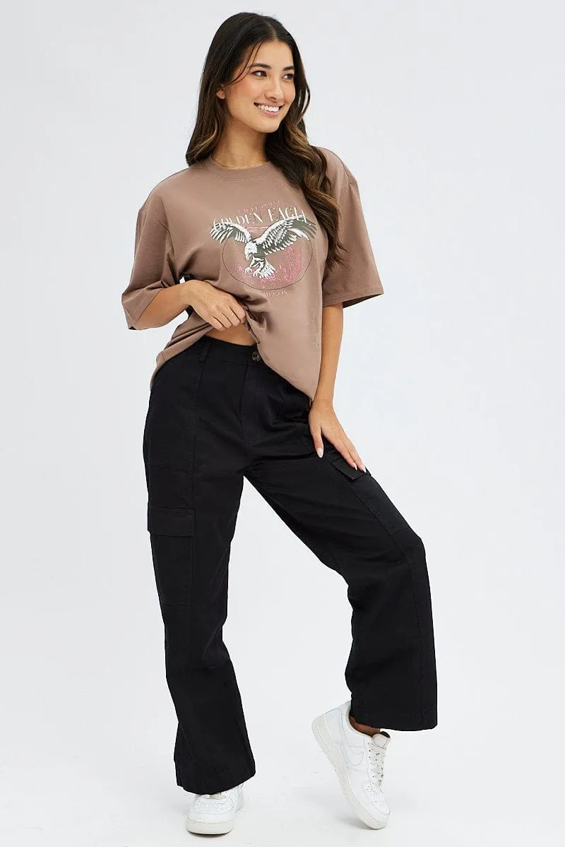 Brown T Shirt Short Sleeve Crew Neck Oversized Eagle Breathable Cotton Fabric
