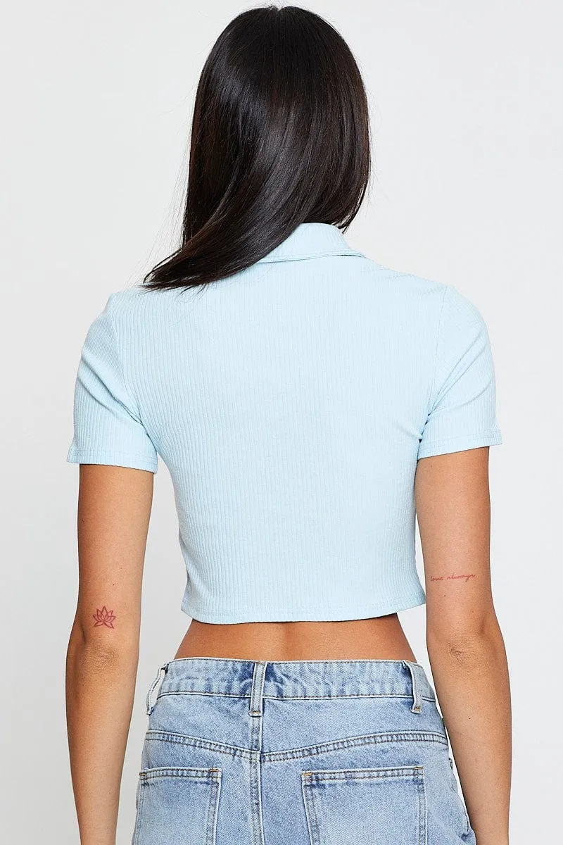 Blue Jersey Top Short Sleeve Collared Ruche Coastal Chic Work Wear