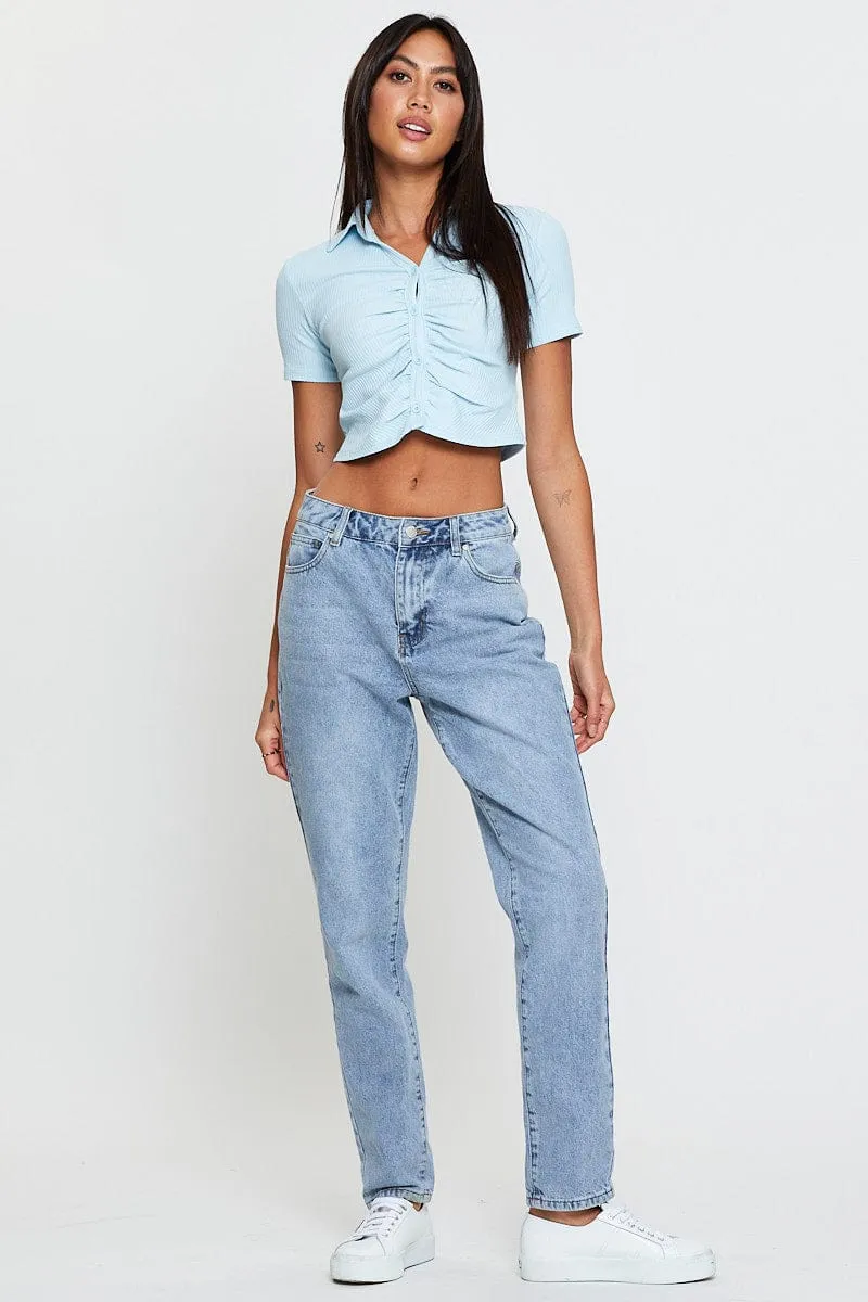 Smart Look Blue Jersey Top Short Sleeve Collared Ruche